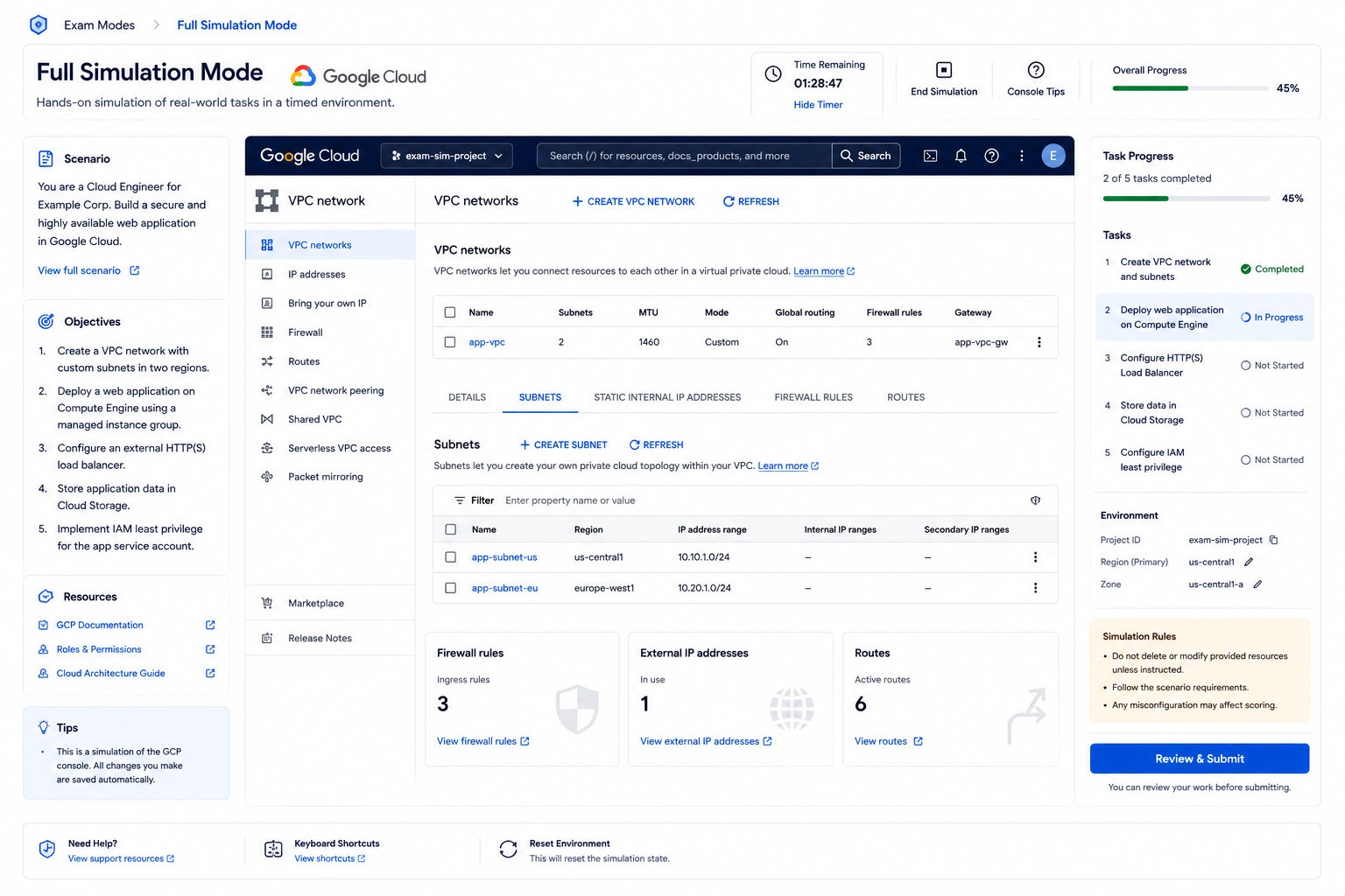 Full Simulation Mode on Google Cloud: hands-on portal and console exam experience